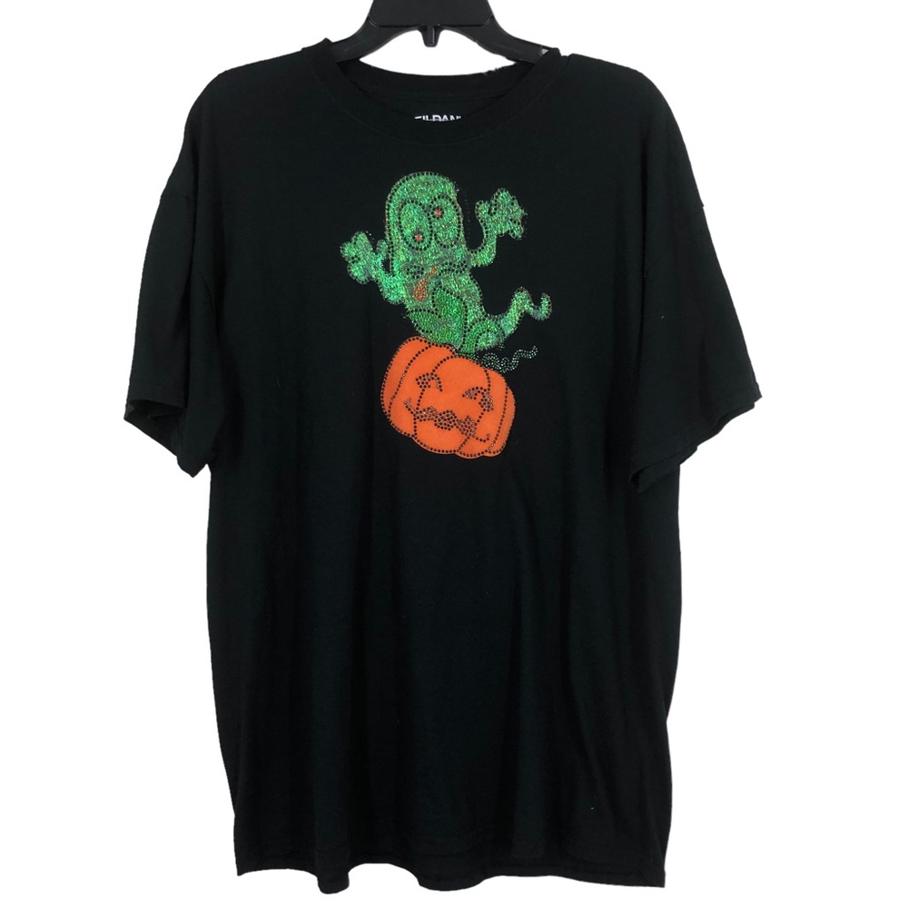 Goofy Ghost and Smiling Pumpkin Halloween T-Shirt; Blingy Characters SZ XL